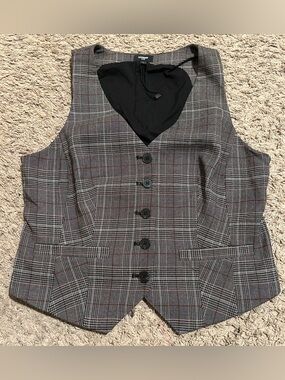 Express Gray and Black Plaid Vest with Red Accents